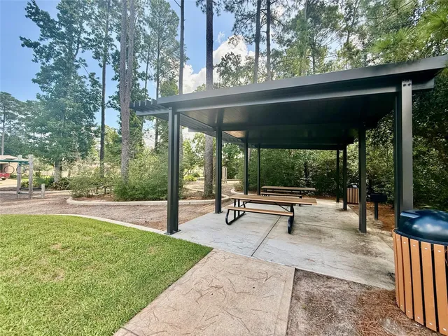 a view of a park with large trees
