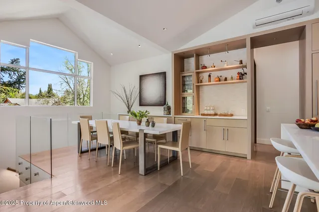 a view of a dining room with furniture