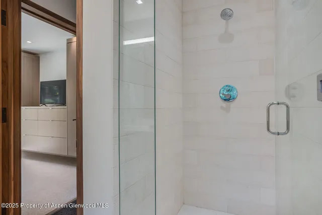 a bathroom with a granite countertop shower