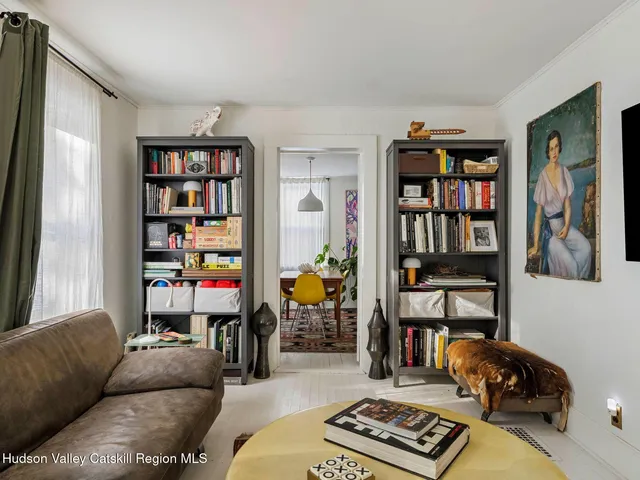 a view of a dining room with furniture