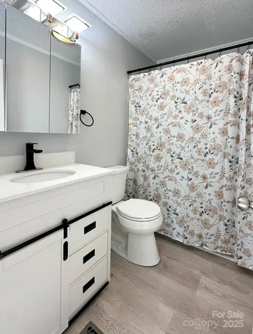 a bathroom with a granite countertop toilet sink and mirror