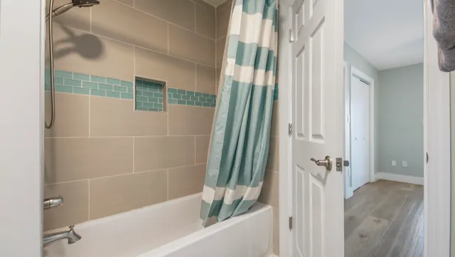 a bathroom with a bathtub