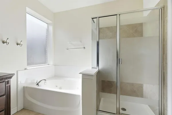 a bathroom with a bathtub and a shower