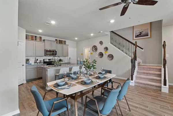 a view of a dining room with furniture