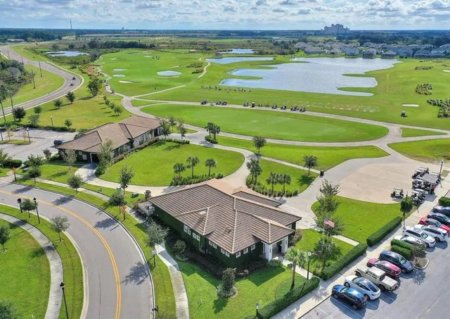 an aerial view of a pool with a yard