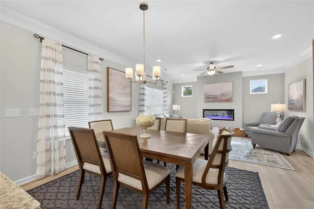 a view of a dining room with furniture