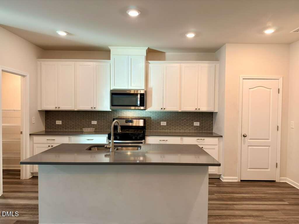 1152 Chestnut Bluff Run Apex, NC 27502 - Photo 10 of 35 a kitchen with stainless steel appliances a sink a stove a microwave and cabinets