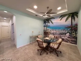 a view of a dining room with furniture