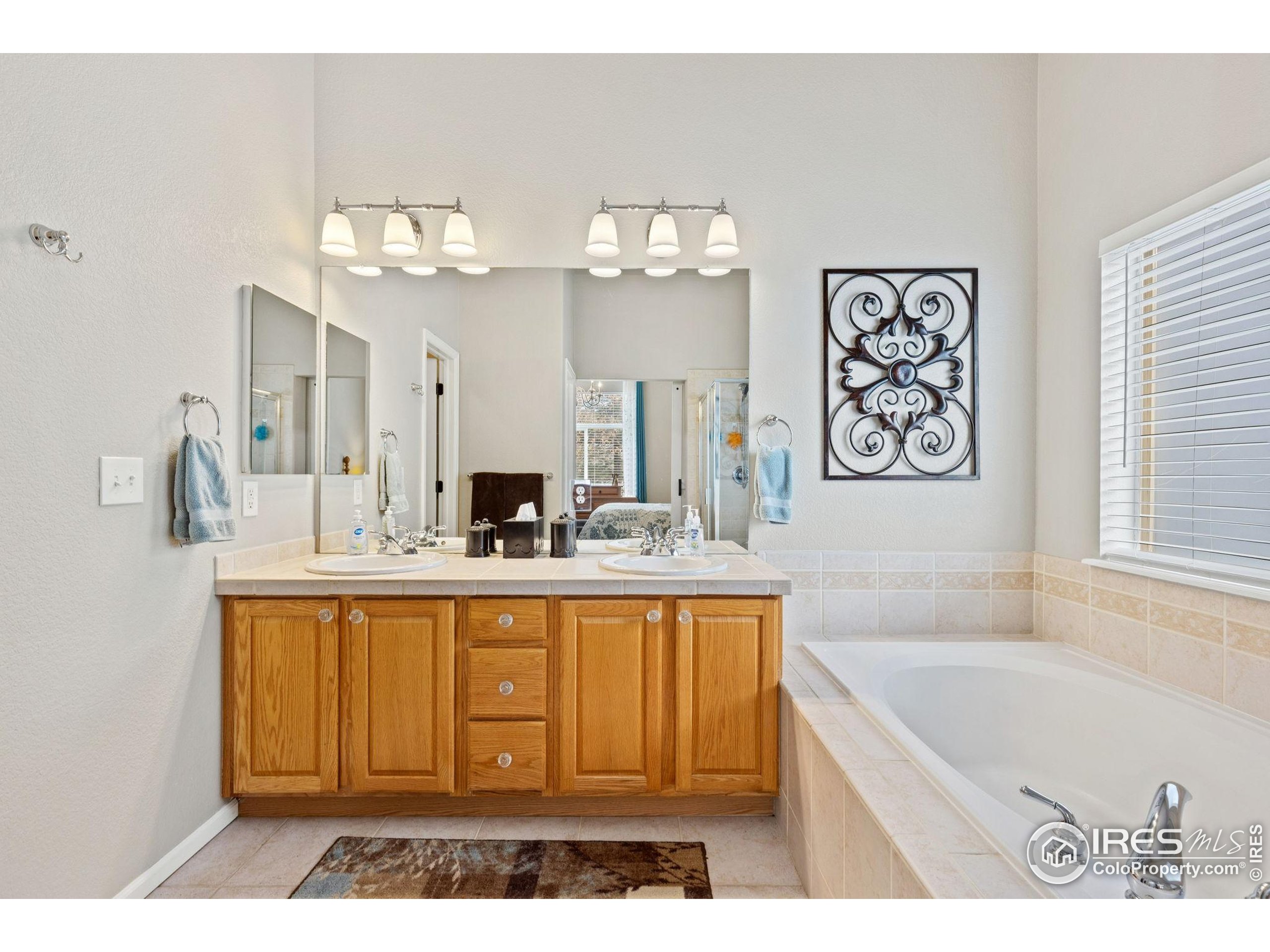 10166 Scenic Court Firestone, CO 80504 - Photo 17 of 33 a bathroom with a tub a double vanity sink and a mirror