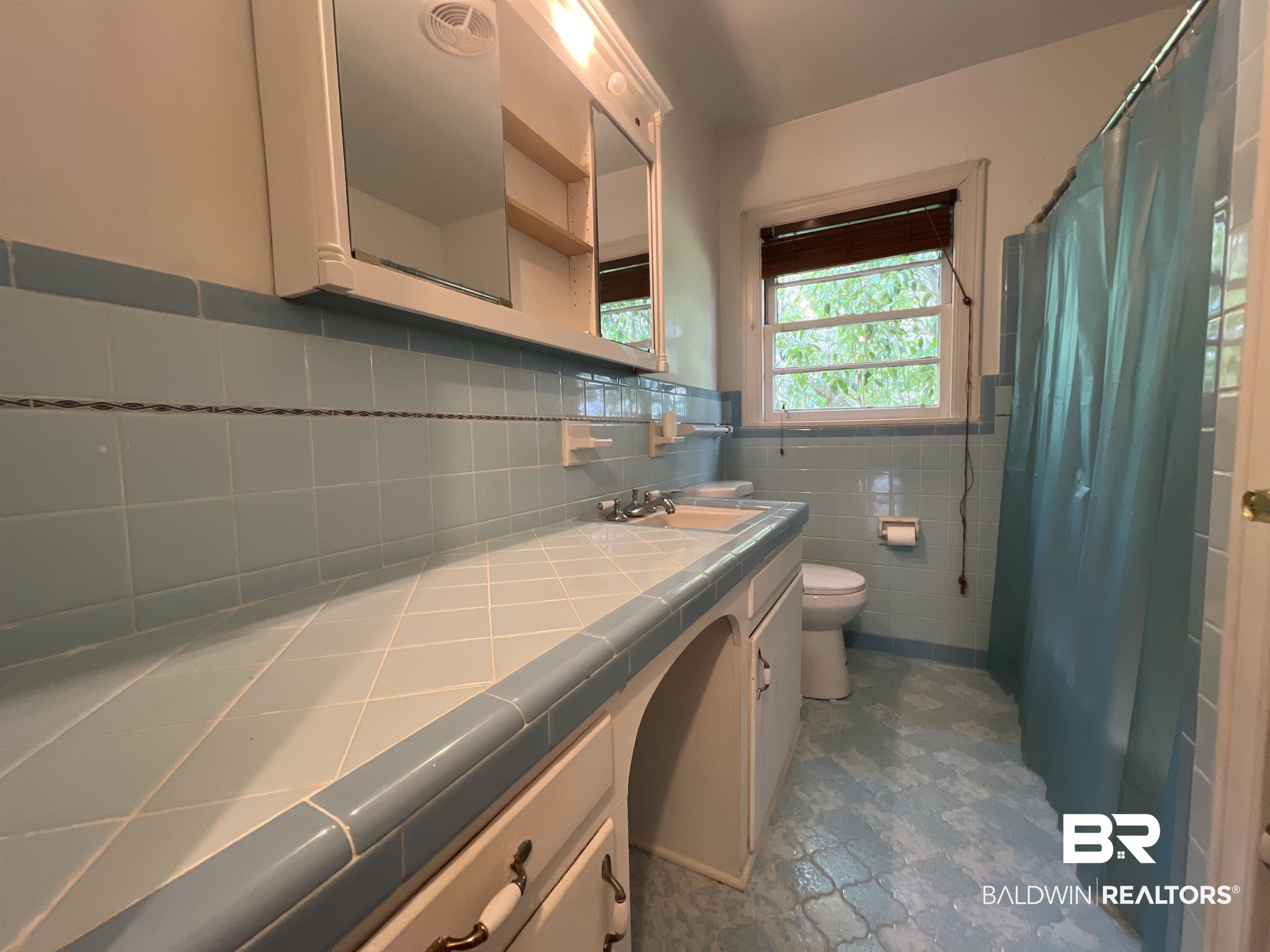 13301 A Hugh Fort Road Grand Bay, AL 36541 - Photo 11 of 34 Bathroom featuring toilet, vanity, curtained shower, and tile walls