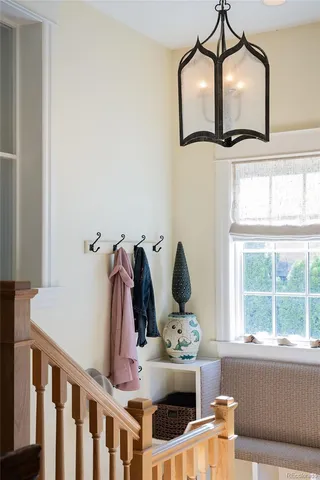 a view of a chandelier in the house