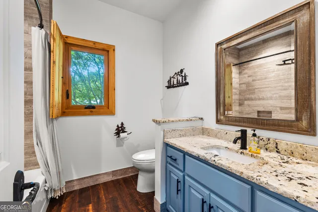 a view of a park with large trees