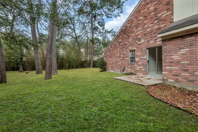 a view of a backyard with large trees