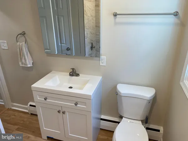 a bathroom with a sink a toilet and a mirror