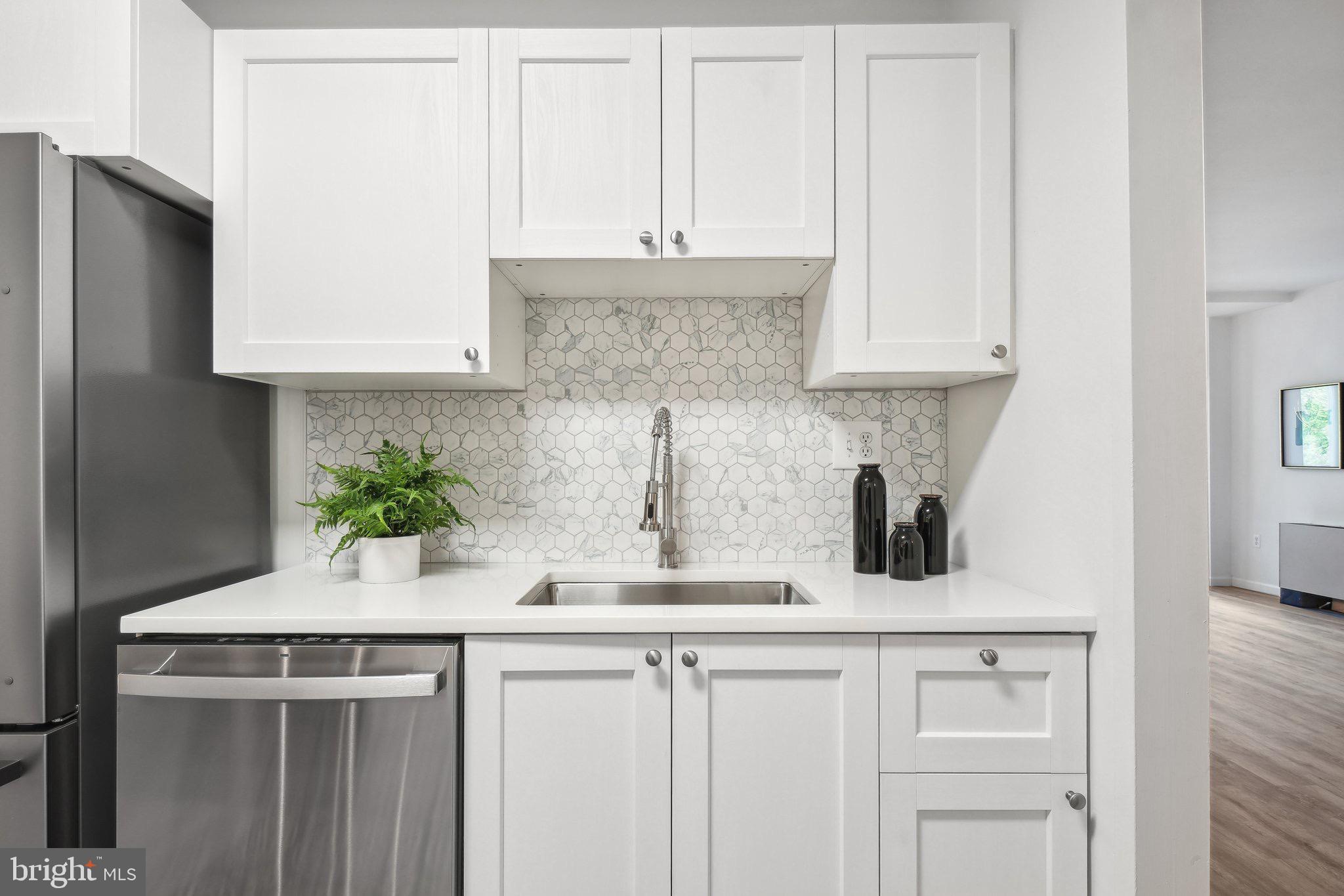 4101 Cathedral Avenue Northwest, Unit 306 Washington, DC 20016 - Photo 4 of 31 a kitchen with white cabinets and a potted plant
