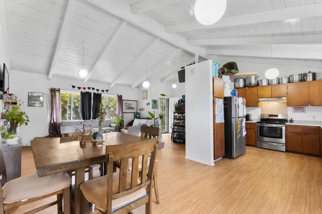 a view of a dining room with furniture