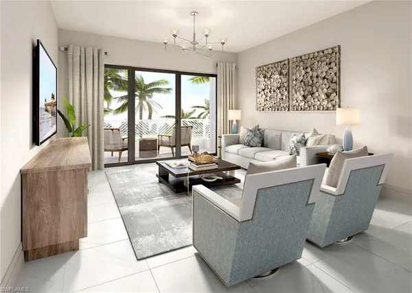 a living room with furniture and a large window