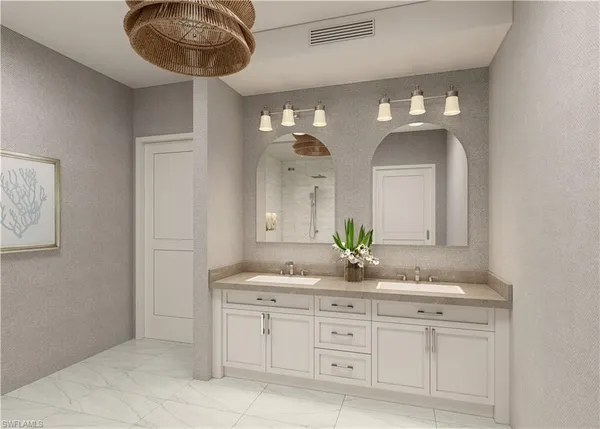 a bathroom with a double vanity sink and a mirror