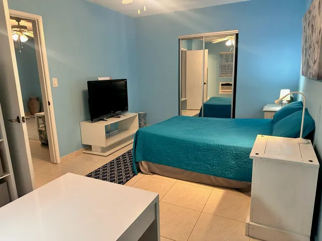 a bedroom with a bed and a flat screen tv