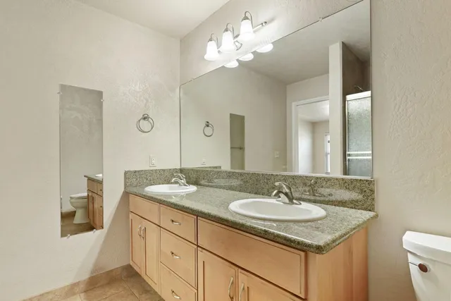 a bathroom with a sink double vanity and a mirror