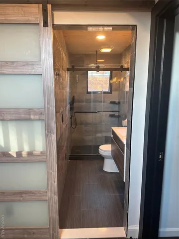 a bathroom with a sink a toilet and mirror