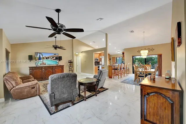 a view of a dining room with furniture window and outside view