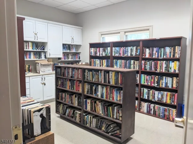 a living room with furniture and a book shelf
