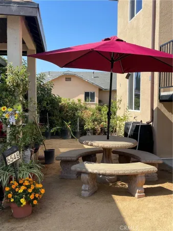 a view of pool with outdoor seating and plants