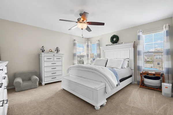 a bedroom with a bed and ceiling fan