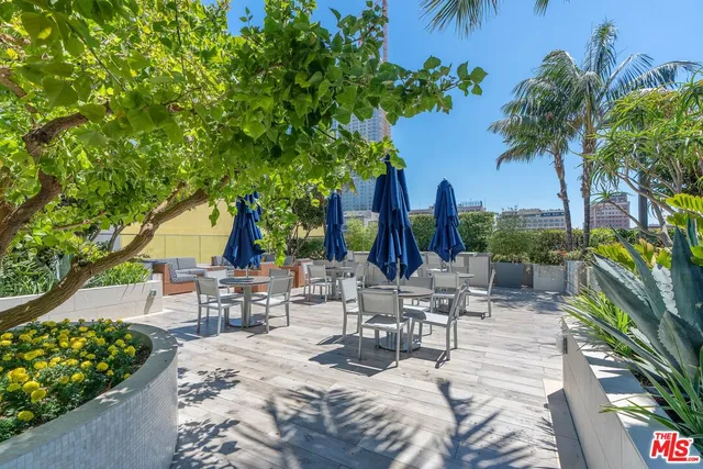a view of a patio with table and chairs potted plants and palm tree