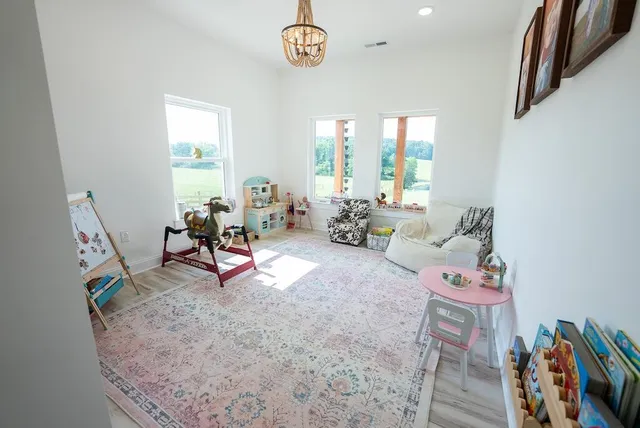 a view of a backyard with a garden and entertaining space