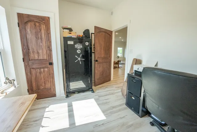 a view of a park with large trees