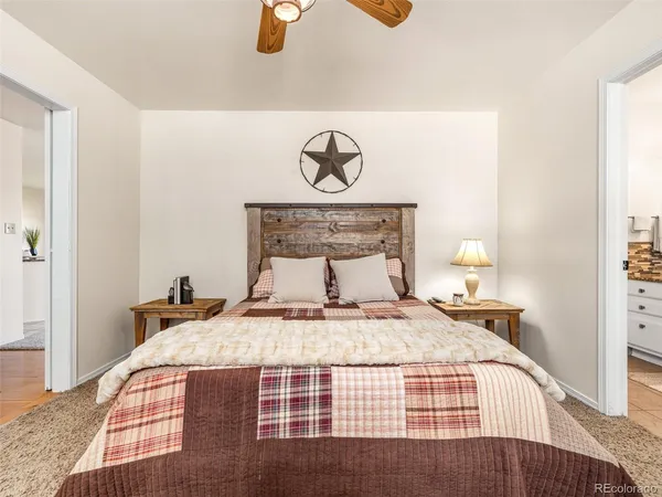 a bedroom with a bed and painting on the wall