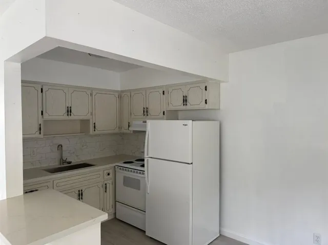 a kitchen with a refrigerator a sink and cabinets