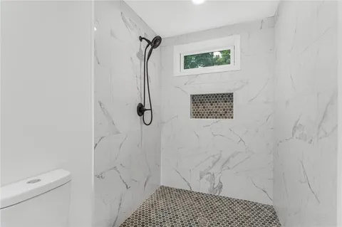 a bathroom with a shower and a toilet