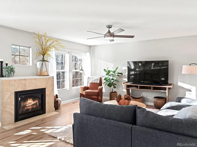 a living room with furniture a flat screen tv and a fireplace