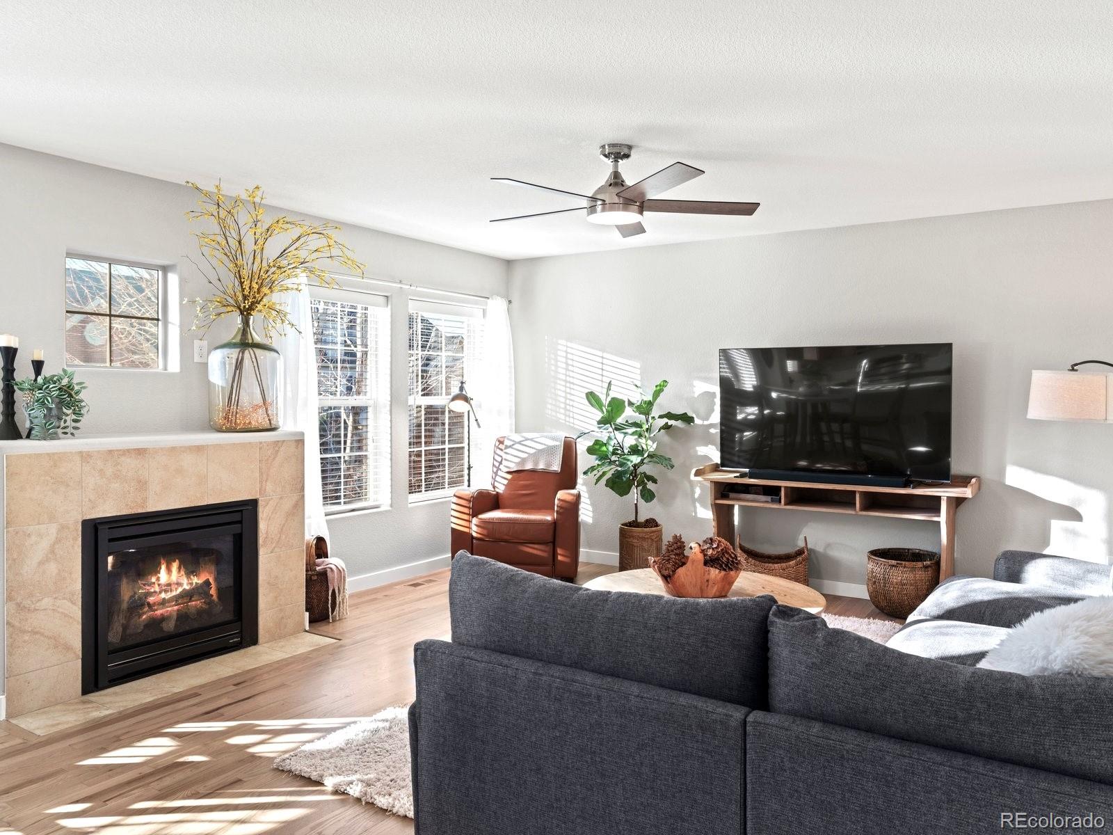 2230 Valentia Street Denver, CO 80238 - Photo 6 of 18 a living room with furniture a flat screen tv and a fireplace