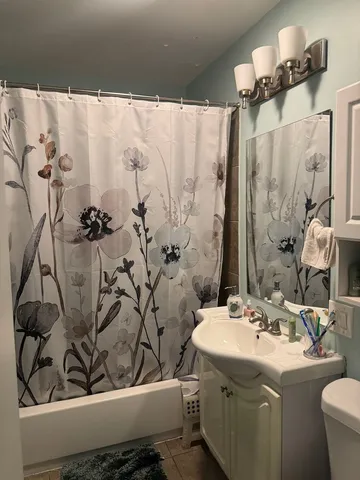 a bathroom with a sink and mirror with toilet