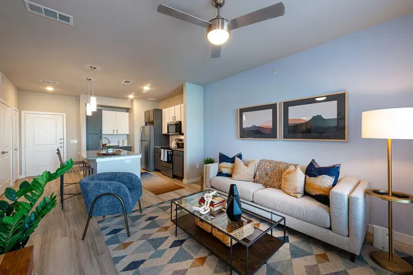 a living room with furniture and a lamp