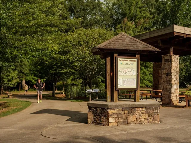 a view of a park with large trees
