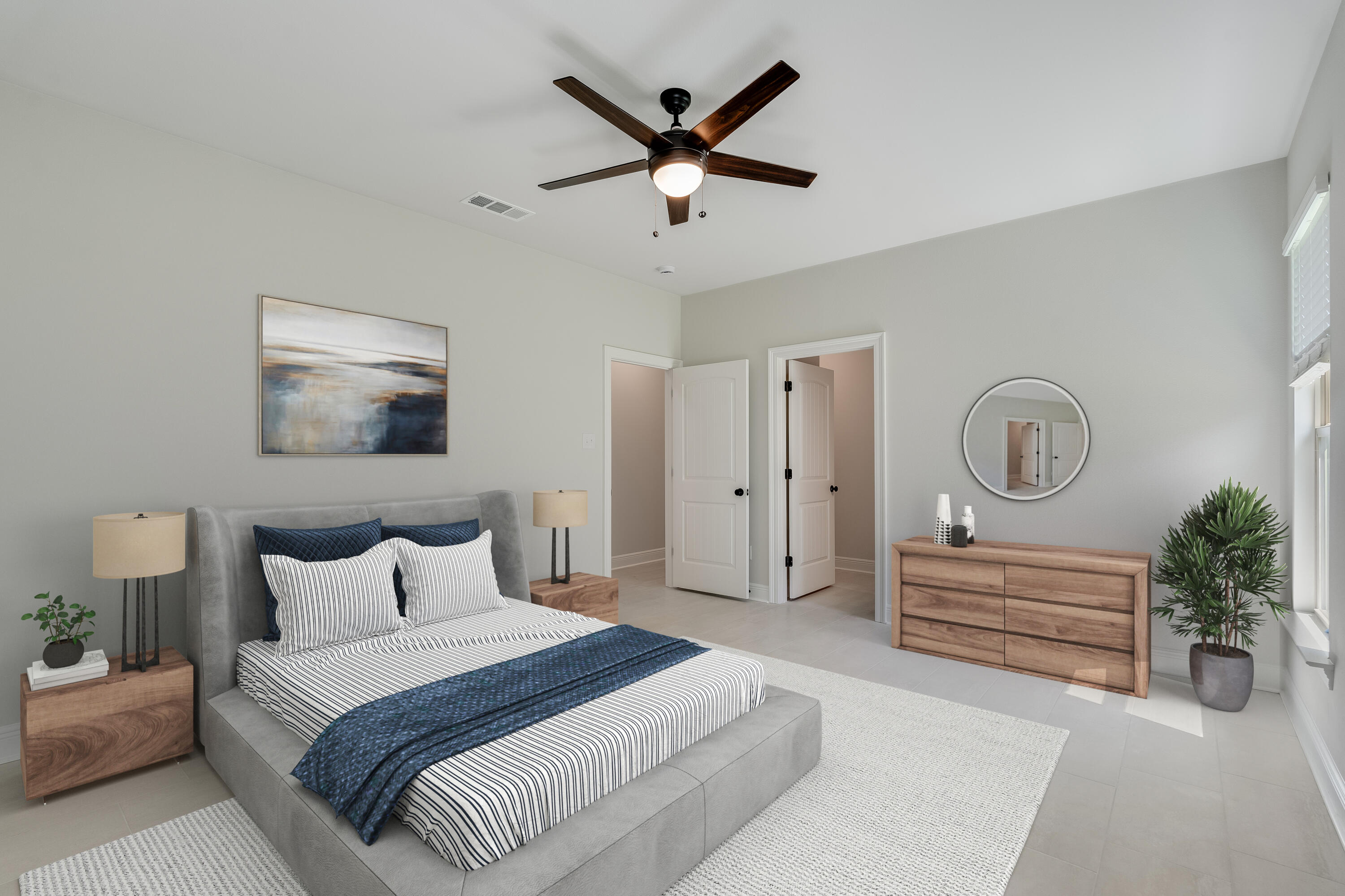 77 Eclipse Loop Freeport, FL 32439 - Photo 13 of 31 a spacious bedroom with a bed a chandelier and a potted plant