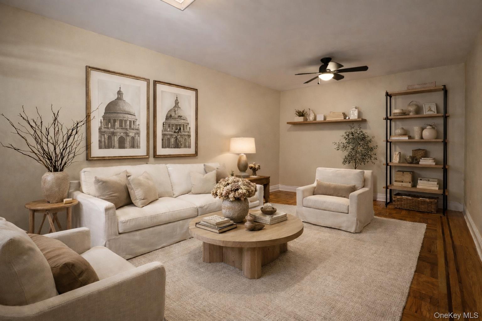 Living room with baseboards and a ceiling fan