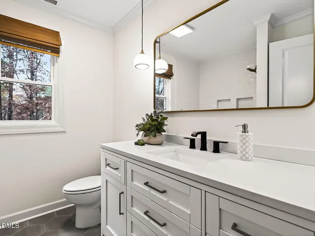 a bathroom with a sink a toilet and mirror