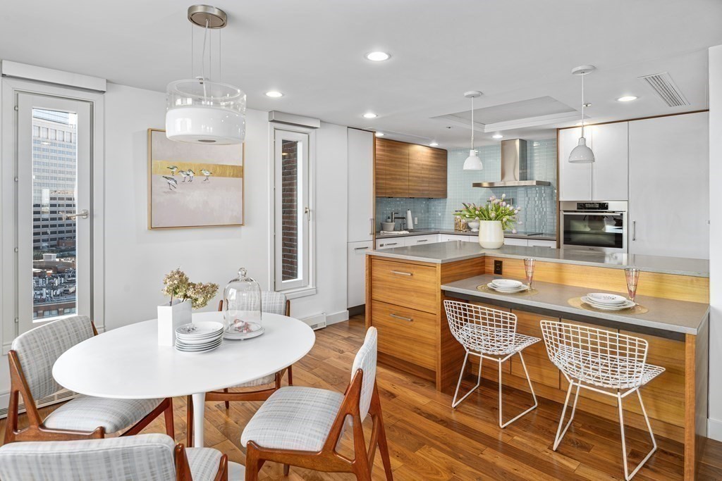 10 Rowes Wharf, Unit PH4 Boston, MA 02110 - Photo 19 of 41 a kitchen with stainless steel appliances kitchen island granite countertop a dining table chairs and a refrigerator