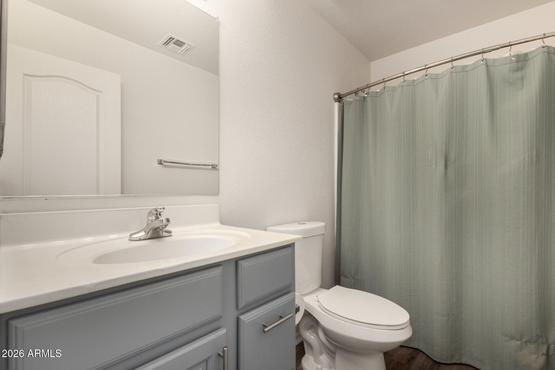 8806 South 9th Street Phoenix, AZ 85042 - Photo 24 of 31 a bathroom with a sink a toilet a mirror and shower curtain