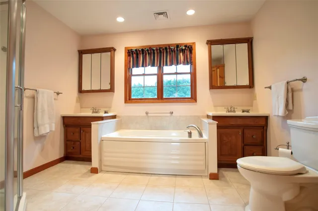 a bathroom with a bathtub toilet sink and mirror