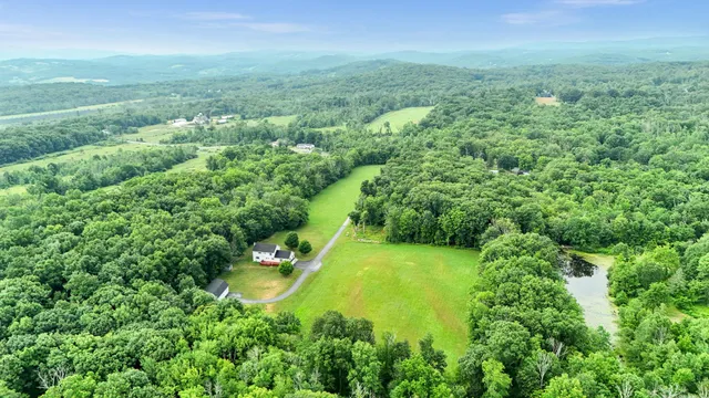 an aerial view of residential houses with outdoor space and trees