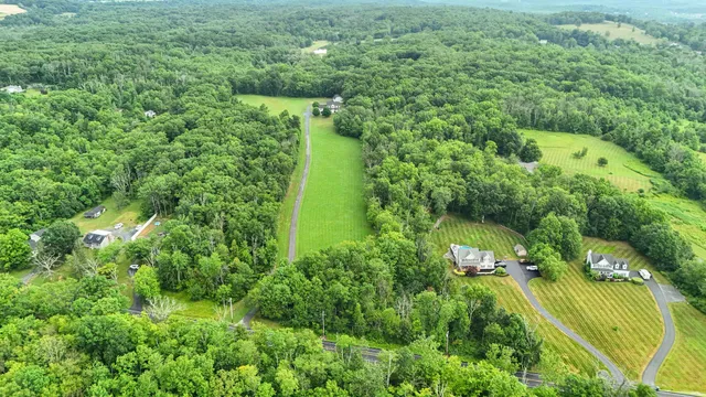 an aerial view of residential houses with outdoor space and trees