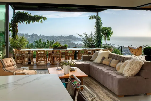 a outdoor living space with furniture and garden view