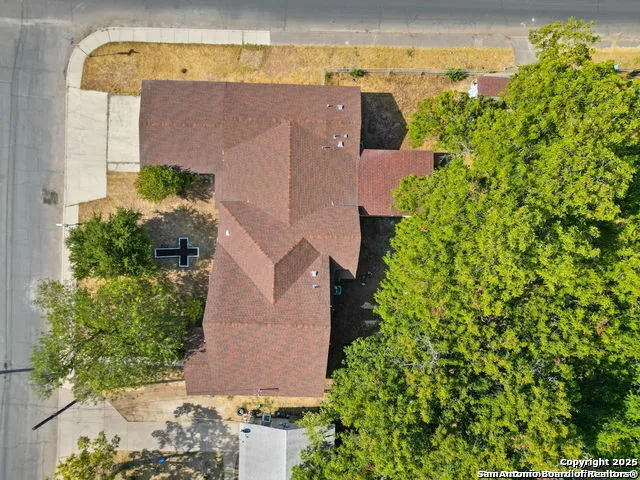 an aerial view of a house with a yard and a large tree
